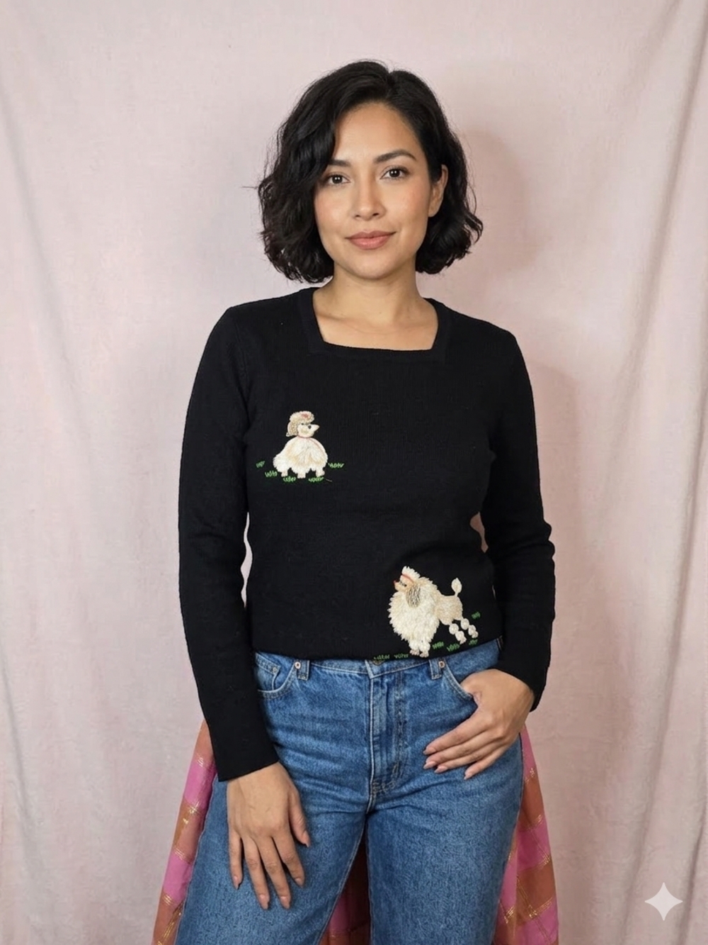 Black Poodle Embroidered Pet-Themed Sweater